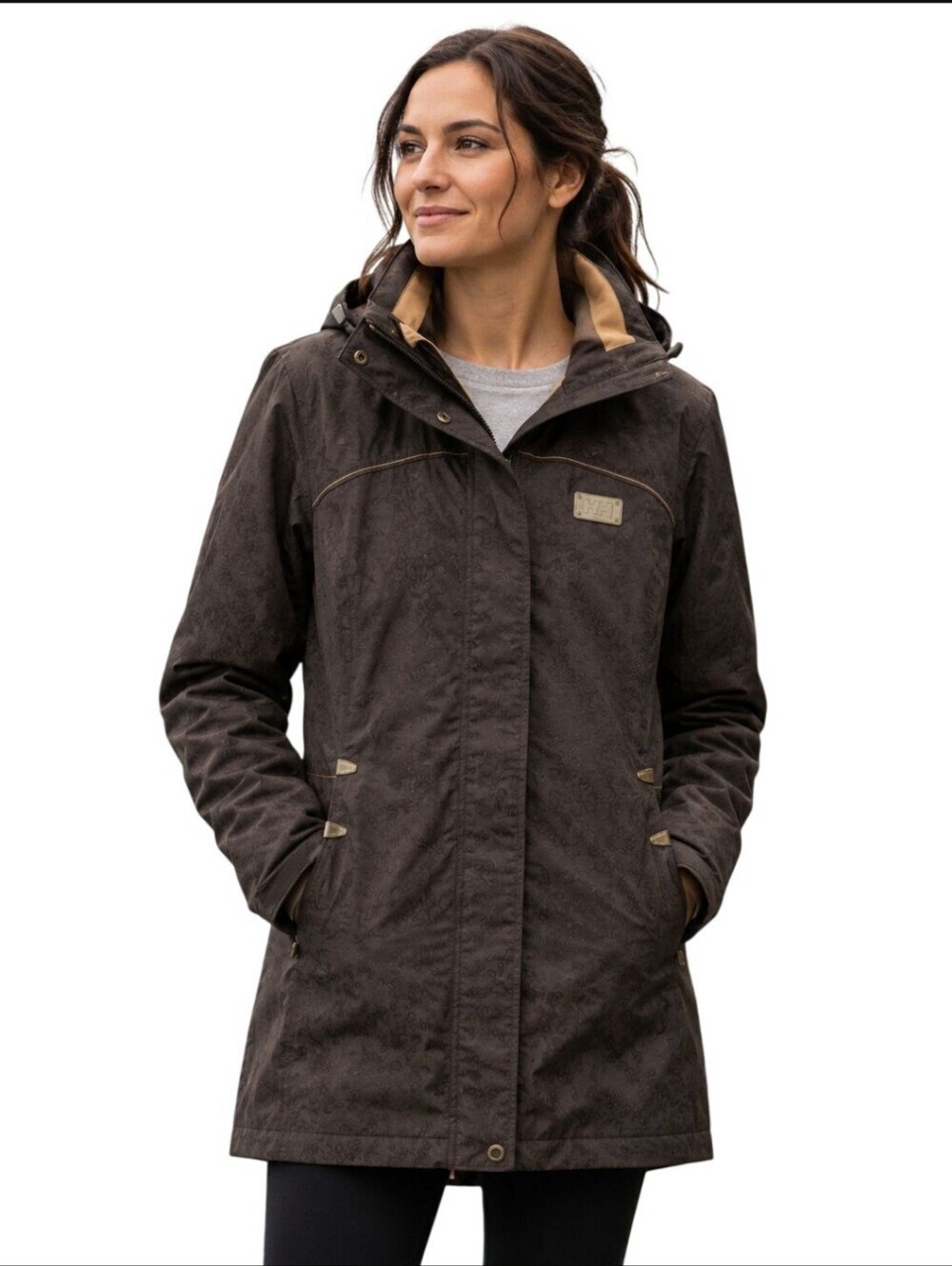 Helly Hansen Brown Tone On Tone Pattern Removable Hood Full Zip Jacket Size M